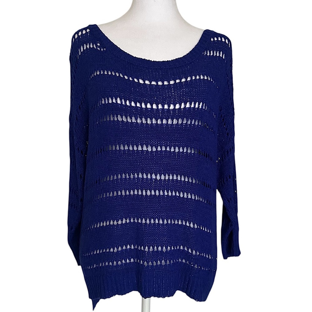 August Silk Women’s Sweater Blue Purple Open Crochet Cropped Pull Over Size L